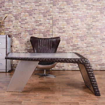 76" Aviator Desk with Storage Aluminum and Leather Office Desk-Desks,Furniture,Office Furniture